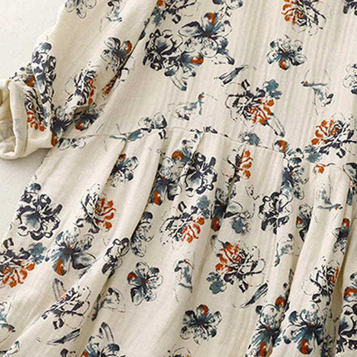 Buddha Stones Spring Fall Casual Boho Drawstring Floral Crew Neck Women's Long Sleeve Dress With Pockets - image 3