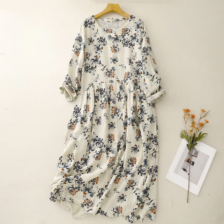 Buddha Stones Spring Fall Casual Boho Drawstring Floral Crew Neck Women's Long Sleeve Dress With Pockets - Beige - US14, UK/AU18, EU46 (2XL) - image 0