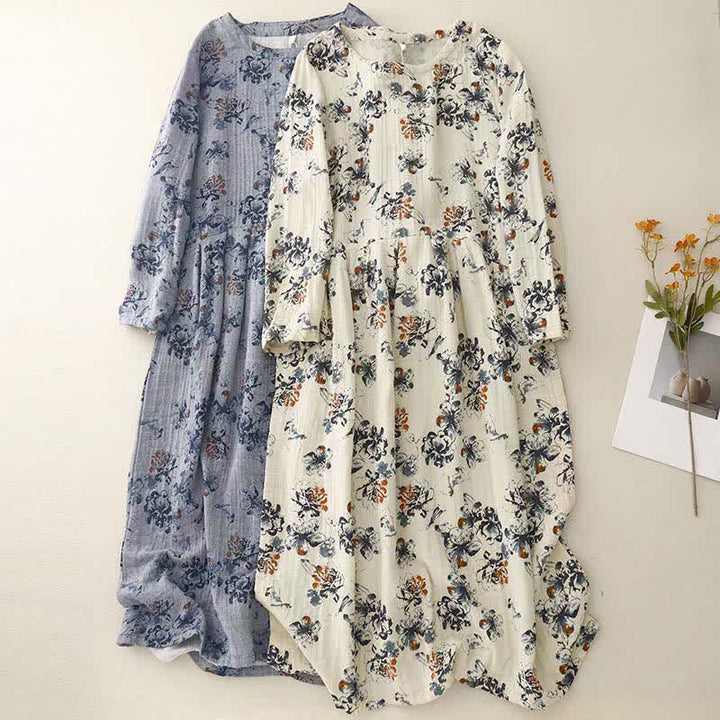 Buddha Stones Spring Fall Casual Boho Drawstring Floral Crew Neck Women's Long Sleeve Dress With Pockets - image 18