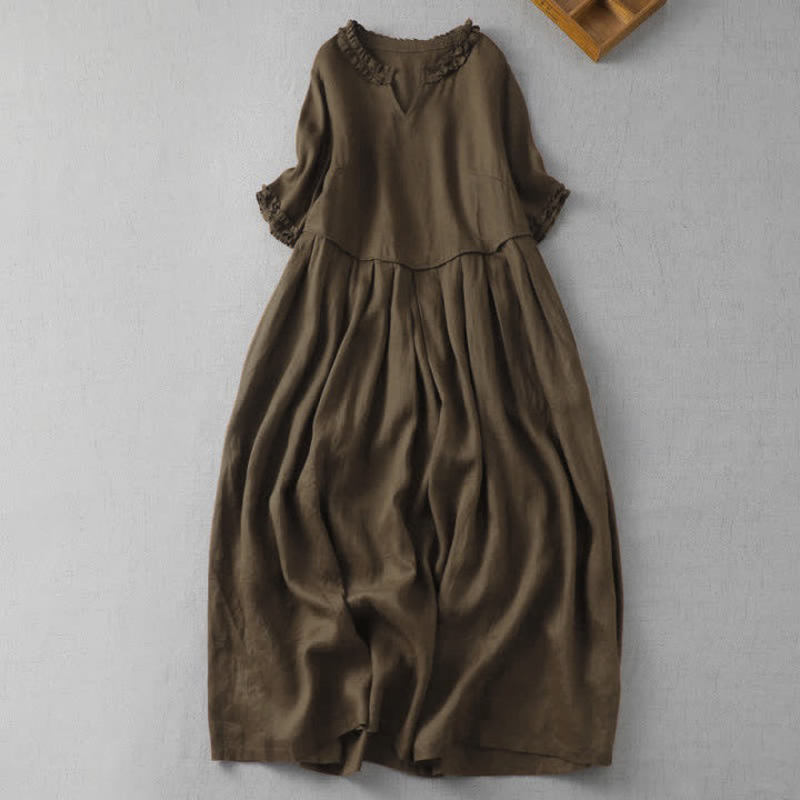Buddha Stones Spring Summer Minimalist Elegant Solid V-Neck Women's Short Sleeve Dress With Pocket - SaddleBrown - US14, UK/AU18, EU46 (2XL) - image 0