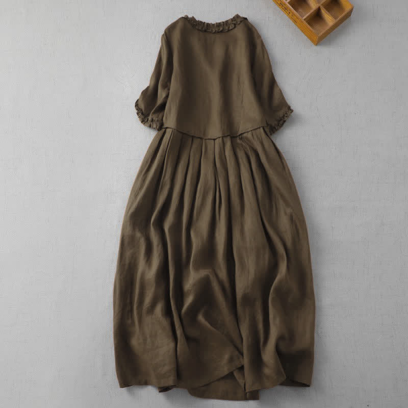 Buddha Stones Spring Summer Minimalist Elegant Solid V-Neck Women's Short Sleeve Dress With Pocket - image 1