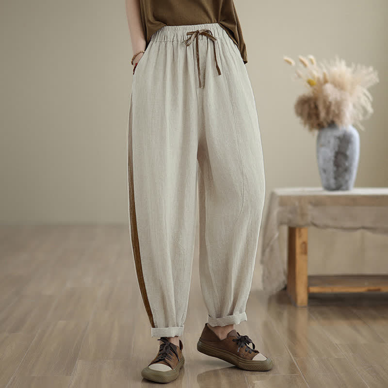 Buddha Stones Spring Summer Casual Minimalist Drawstring Solid Cropped Pants Women's Tapered Pants With Pocket - Linen - US8-10, UK/AU12-14, EU40-42 (2XL) - image 21