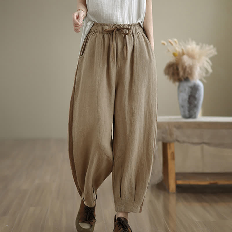 Buddha Stones Spring Summer Casual Minimalist Drawstring Solid Cropped Pants Women's Tapered Pants With Pocket - Tan - US8-10, UK/AU12-14, EU40-42 (2XL) - image 10