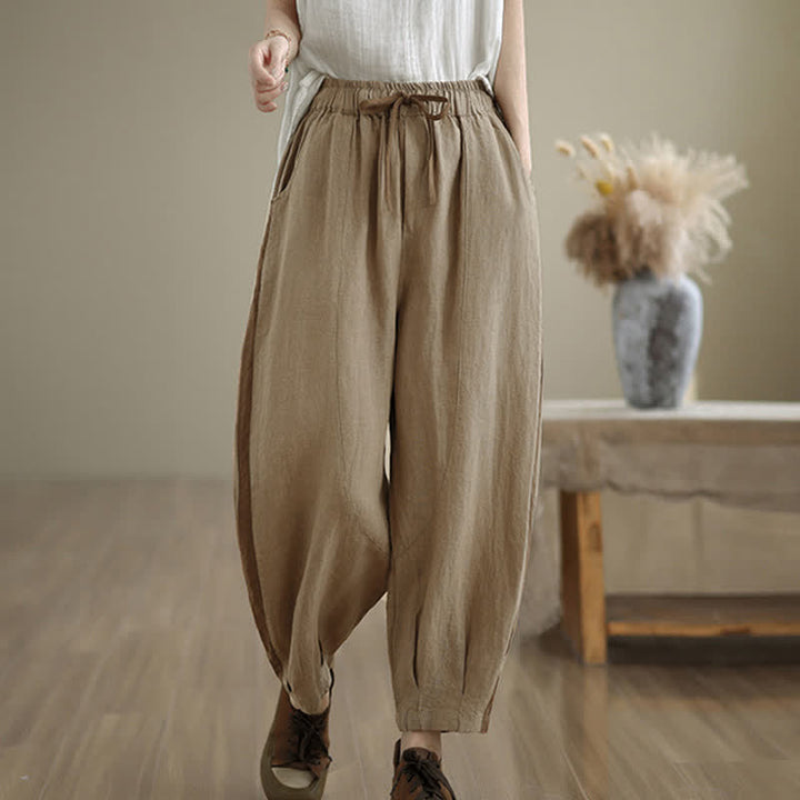 Buddha Stones Spring Summer Casual Minimalist Drawstring Solid Cropped Pants Women's Tapered Pants With Pocket - Tan - US8-10, UK/AU12-14, EU40-42 (2XL) - image 10