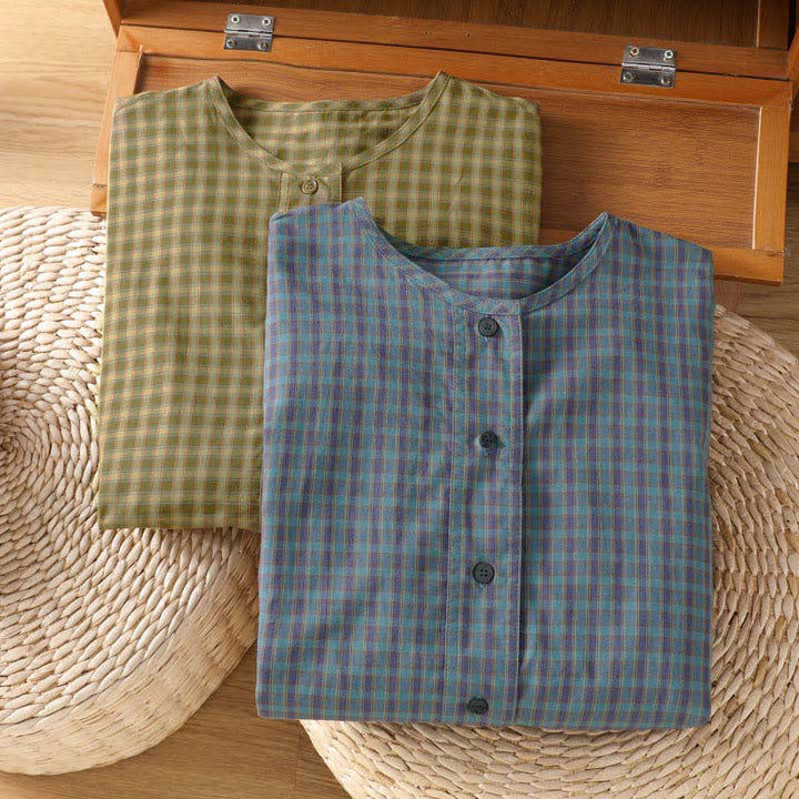 Buddha Stones Spring Fall Minimalist Button-Up Plaid Women's Long Sleeve Shirts - image 19