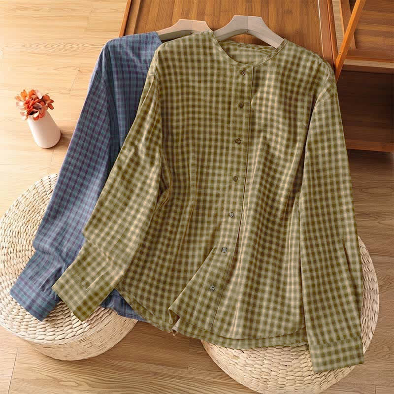Buddha Stones Spring Fall Minimalist Button-Up Plaid Women's Long Sleeve Shirts - image 18