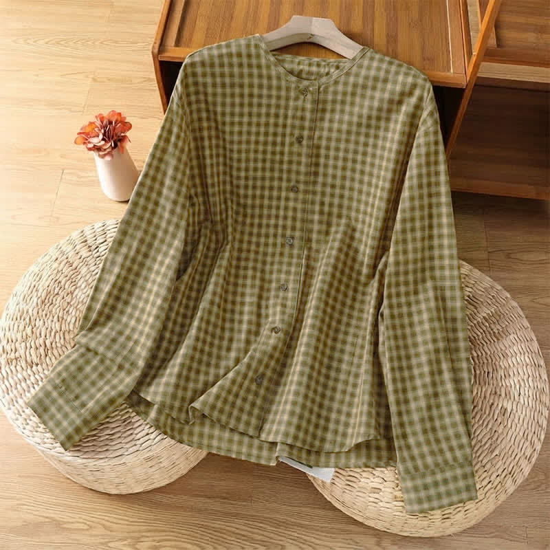 Buddha Stones Spring Fall Minimalist Button-Up Plaid Women's Long Sleeve Shirts - DarkKhaki - US4, UK/AU8, EU36 (M) - image 0