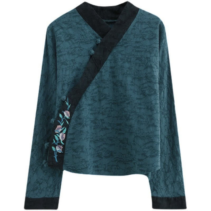 Buddha Stones Spring Fall Elegant Tang Style Embroidery Floral Women's Long Sleeve Shirts - image 4