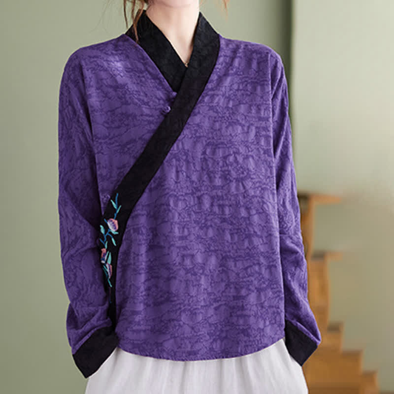 Buddha Stones Spring Fall Elegant Tang Style Embroidery Floral Women's Long Sleeve Shirts - RebeccaPurple - US8-10, UK/AU12-14, EU40-42 (2XL) - image 5