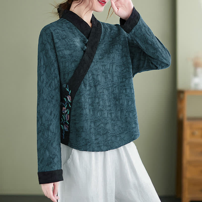 Buddha Stones Spring Fall Elegant Tang Style Embroidery Floral Women's Long Sleeve Shirts - Teal - US8-10, UK/AU12-14, EU40-42 (2XL) - image 0