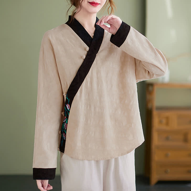 Buddha Stones Spring Fall Elegant Tang Style Embroidery Floral Women's Long Sleeve Shirts - image 10