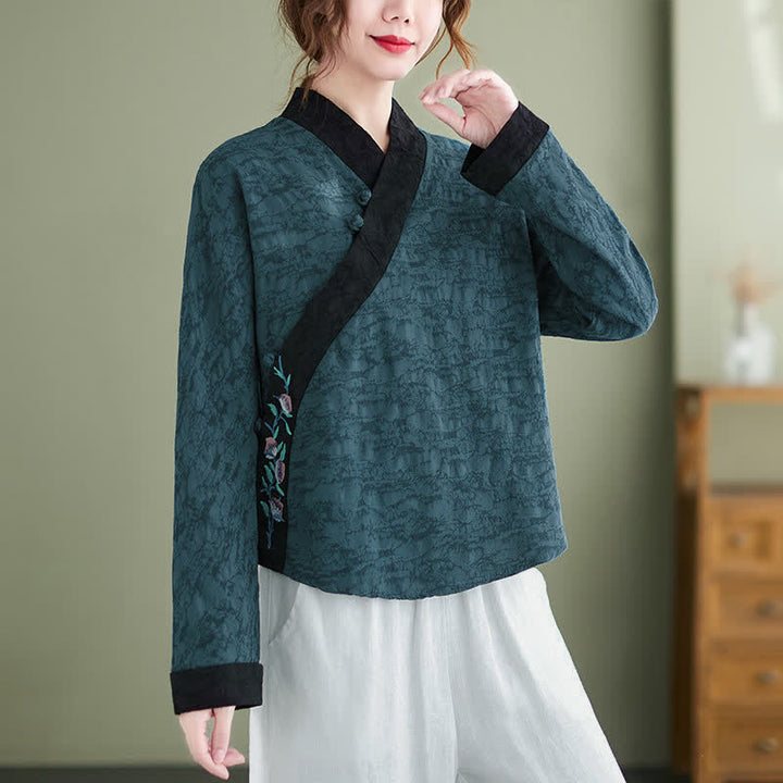 Buddha Stones Spring Fall Elegant Tang Style Embroidery Floral Women's Long Sleeve Shirts - image 2