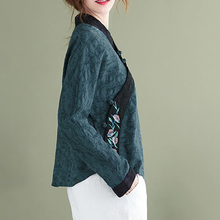 Buddha Stones Spring Fall Elegant Tang Style Embroidery Floral Women's Long Sleeve Shirts - image 3