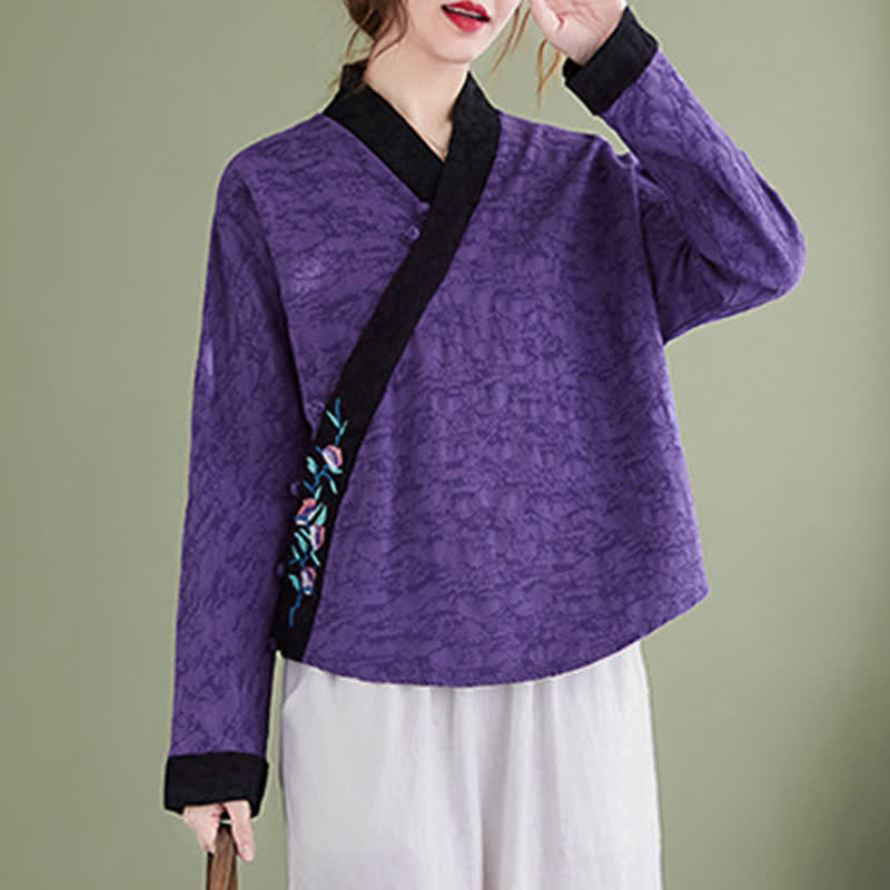 Buddha Stones Spring Fall Elegant Tang Style Embroidery Floral Women's Long Sleeve Shirts - image 6
