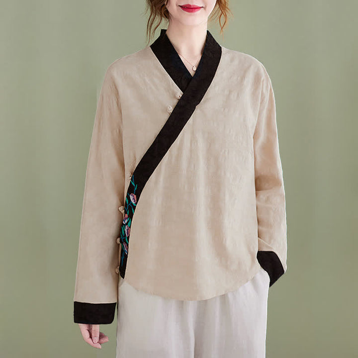 Buddha Stones Spring Fall Elegant Tang Style Embroidery Floral Women's Long Sleeve Shirts - Beige - US8-10, UK/AU12-14, EU40-42 (2XL) - image 9