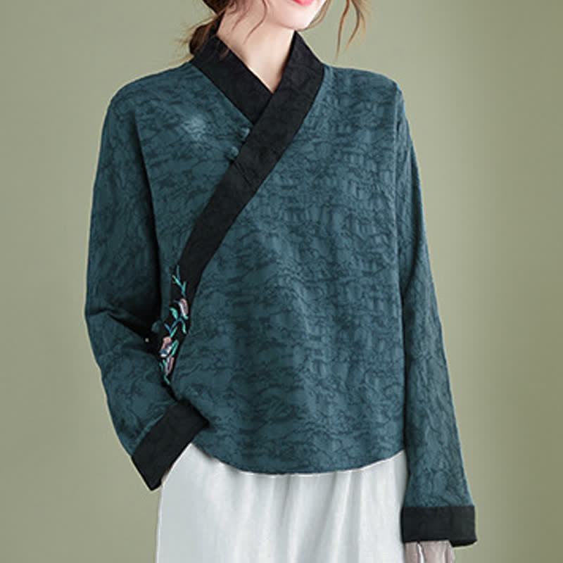 Buddha Stones Spring Fall Elegant Tang Style Embroidery Floral Women's Long Sleeve Shirts - image 1