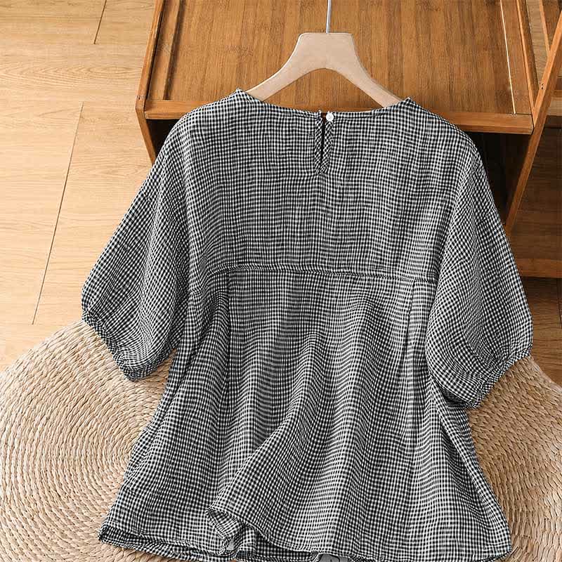 Buddha Stones Summer Casual Minimalist Plaid Crew Neck Women's Short Sleeve T-Shirts - image 1