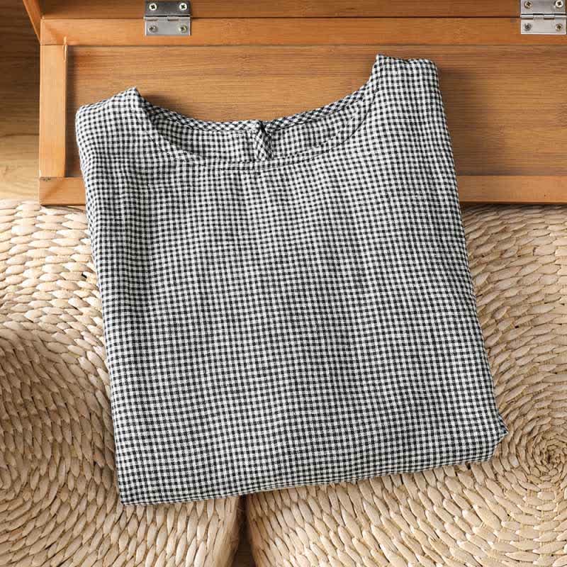 Buddha Stones Summer Casual Minimalist Plaid Crew Neck Women's Short Sleeve T-Shirts - image 2