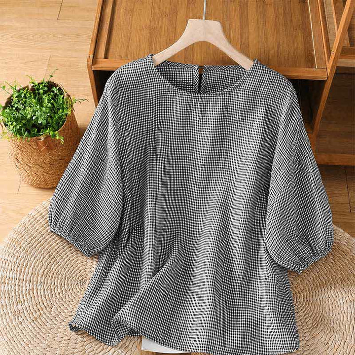 Buddha Stones Summer Casual Minimalist Plaid Crew Neck Women's Short Sleeve T-Shirts - Black - US12, UK/AU16, EU44 (2XL) - image 0