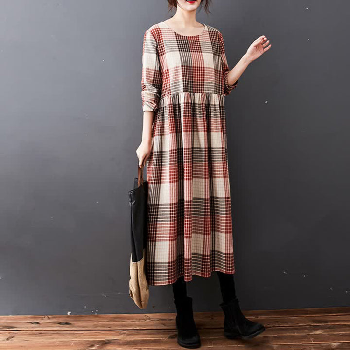 Buddha Stones Fall Casual Vintage Plaid Women's Long Sleeve Dress With Pockets - SandyBrown - US14, UK/AU18, EU46 (2XL) - image 5