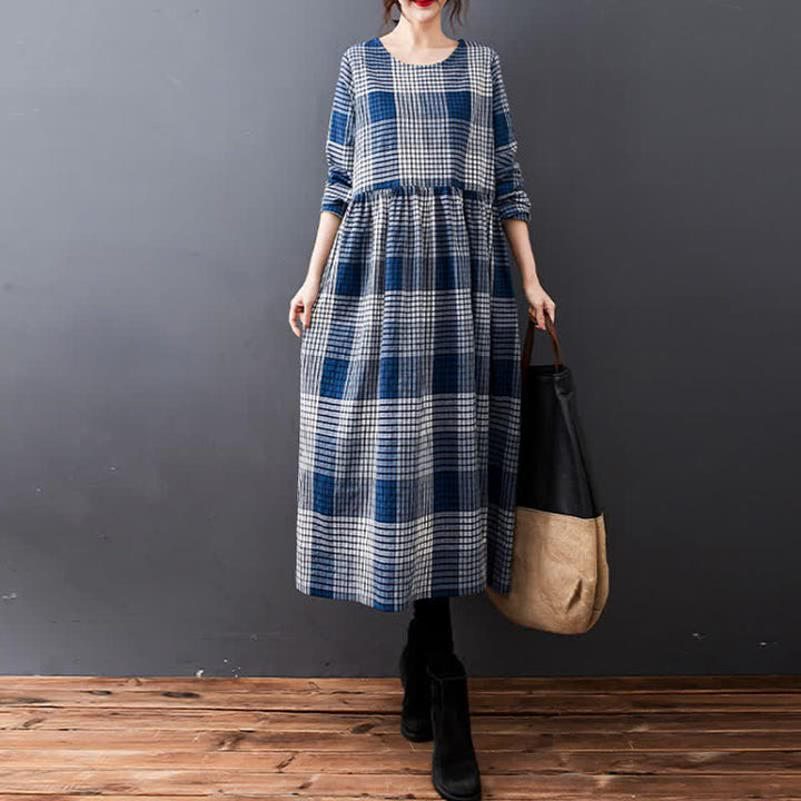 Buddha Stones Fall Casual Vintage Plaid Women's Long Sleeve Dress With Pockets - SteelBlue - US14, UK/AU18, EU46 (2XL) - image 0