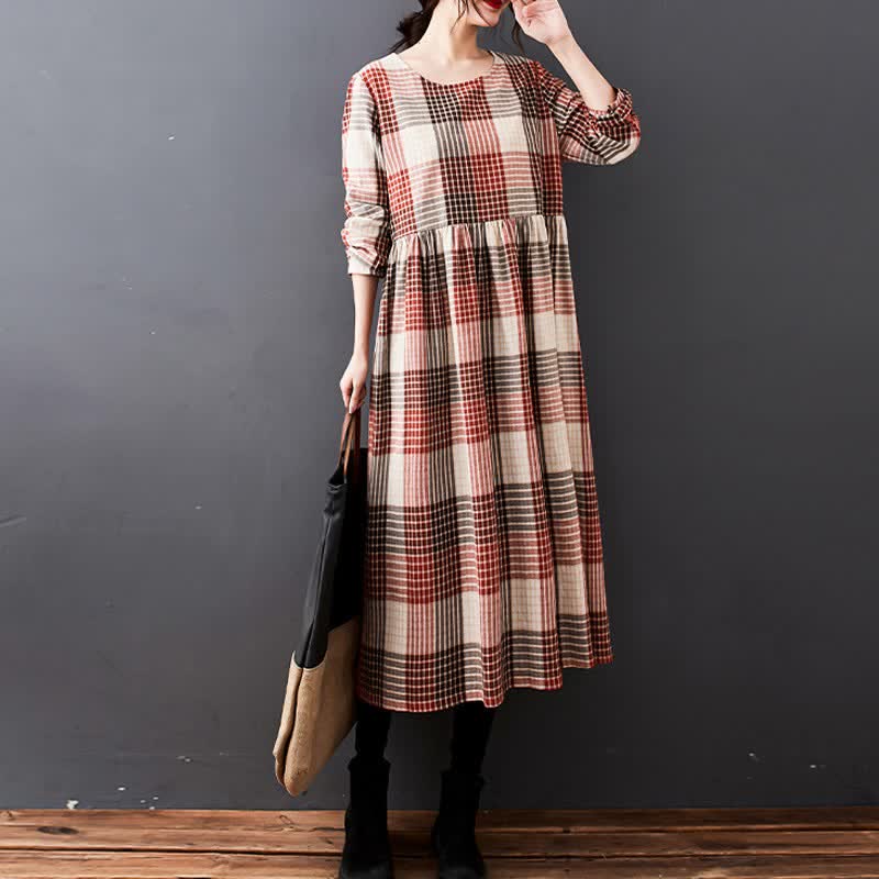 Buddha Stones Fall Casual Vintage Plaid Women's Long Sleeve Dress With Pockets - image 6