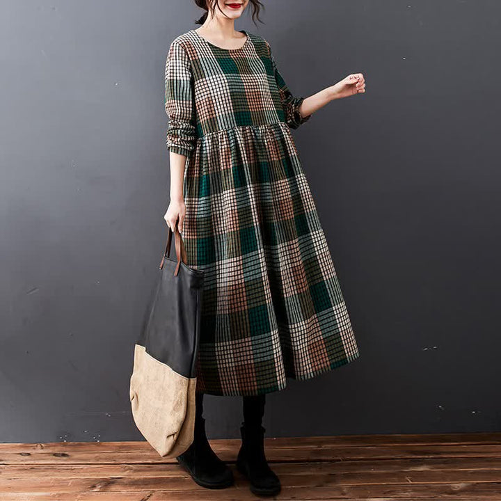 Buddha Stones Fall Casual Vintage Plaid Women's Long Sleeve Dress With Pockets - image 4