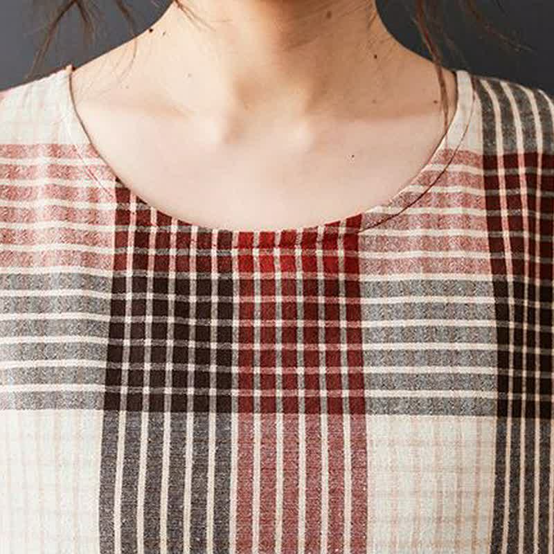 Buddha Stones Fall Casual Vintage Plaid Women's Long Sleeve Dress With Pockets - image 7
