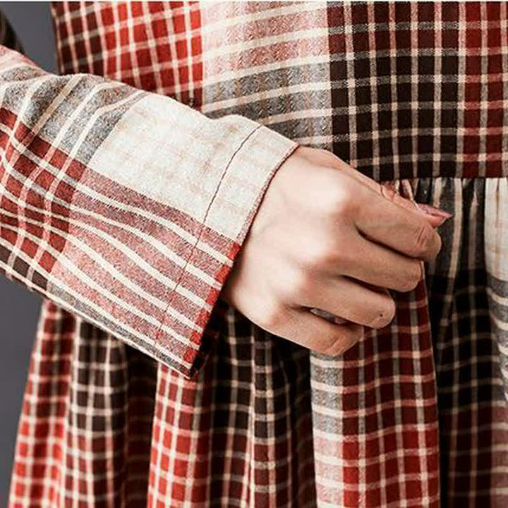 Buddha Stones Fall Casual Vintage Plaid Women's Long Sleeve Dress With Pockets - image 9