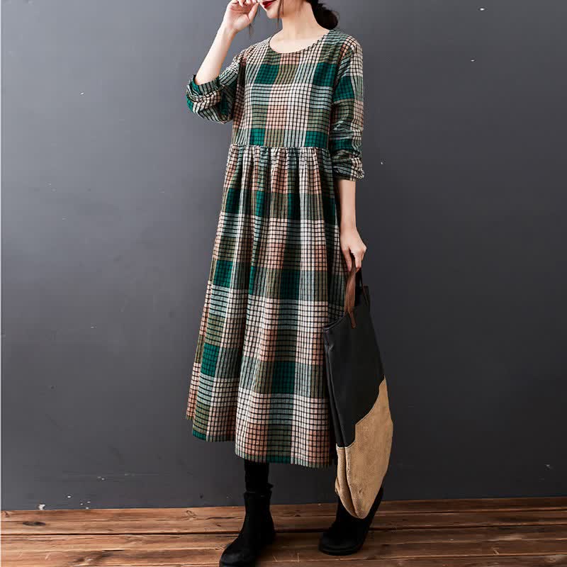 Buddha Stones Fall Casual Vintage Plaid Women's Long Sleeve Dress With Pockets - ForestGreen - US14, UK/AU18, EU46 (2XL) - image 3