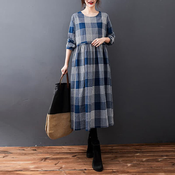 Buddha Stones Fall Casual Vintage Plaid Women's Long Sleeve Dress With Pockets - image 2