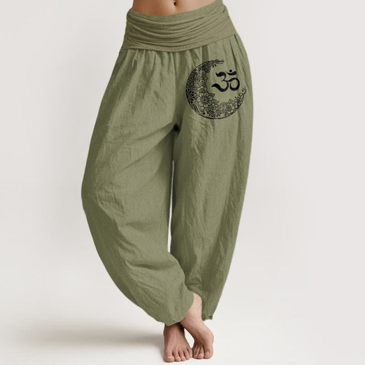 Buddha Stones Pure Cotton Boho Om Moon Crescent Pattern Women's Elastic Waist Harem Pants - OliveDrab - US16，UK/AU20，EU48 (3XL) - image 14