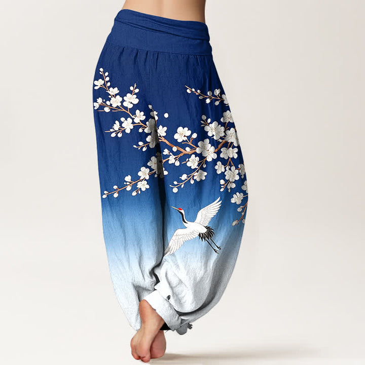 Buddha Stones Cotton White Crane Plum Blossom Pattern Women's Elastic Waist Harem Pants - image 2