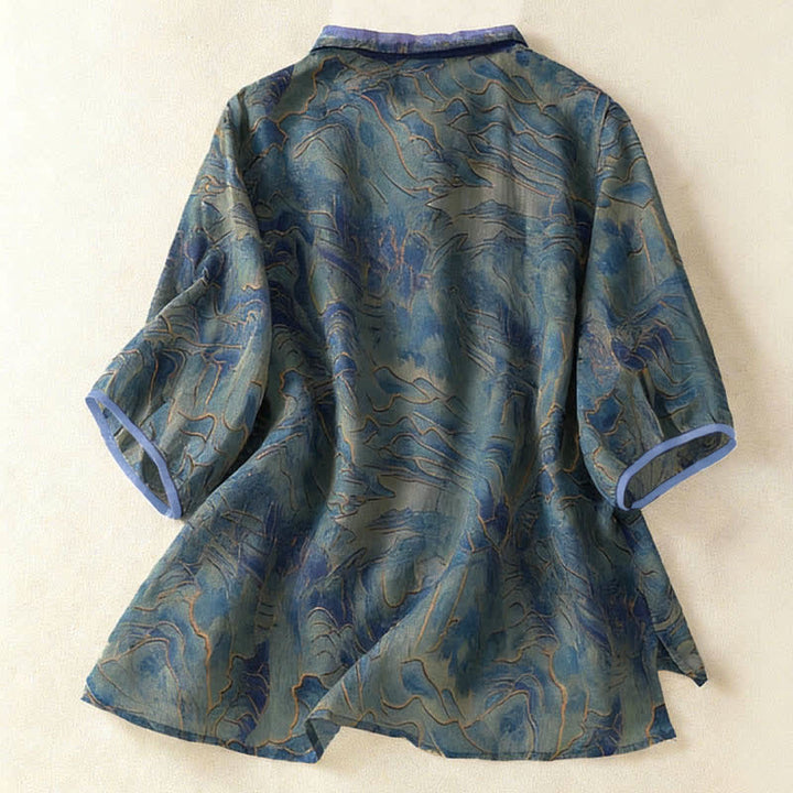 Buddha Stones Summer Floral Print Button Up Mandarin Collar Chiffon Women's Elbow-Length Sleeve Shirt - image 1