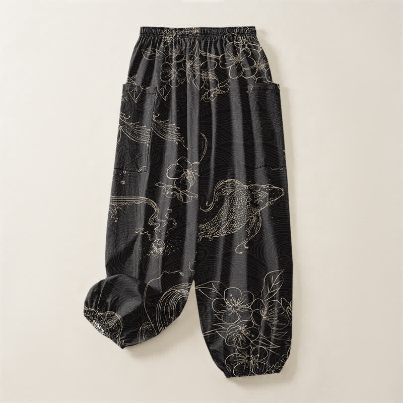 Buddha Stones Cotton Koi Fish Floral Pattern Women's Elastic Waist Harem Pants With Side Pockets - image 4
