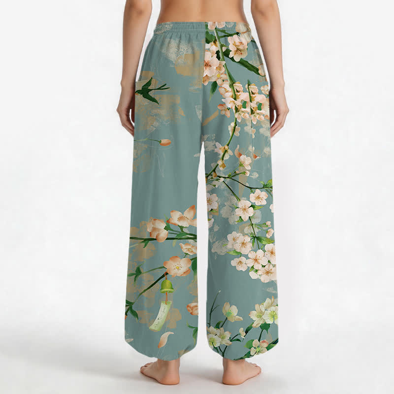 Buddha Stones Cotton Peach Blossoms Flying Birds Pattern Women's Elastic Waist Harem Pants With Side Pockets - image 2