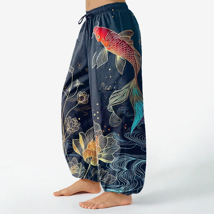 Buddha Stones Cotton Koi Fish Lotus Flowers Pattern Women's Elastic Waist Harem Pants With Side Pockets - image 1