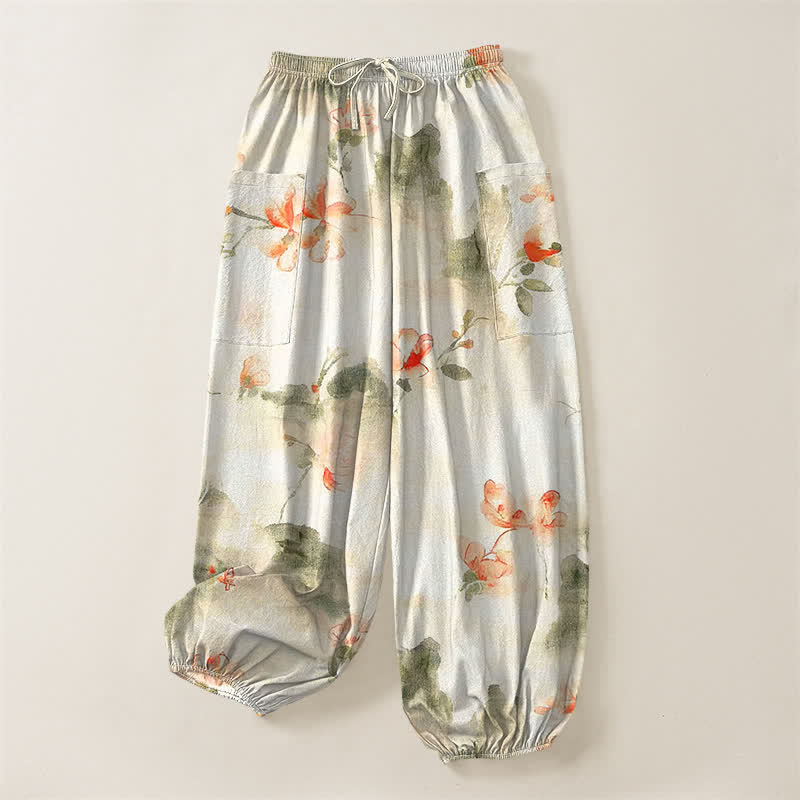 Buddha Stones Cotton Watercolor Floral Butterfly Pattern Women's Elastic Waist Harem Pants With Side Pockets - image 3