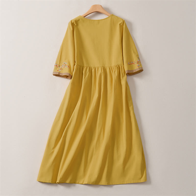 Buddha Stones Spring Ethnic Embroidery Half Sleeve Women's Midi Dress - image 8