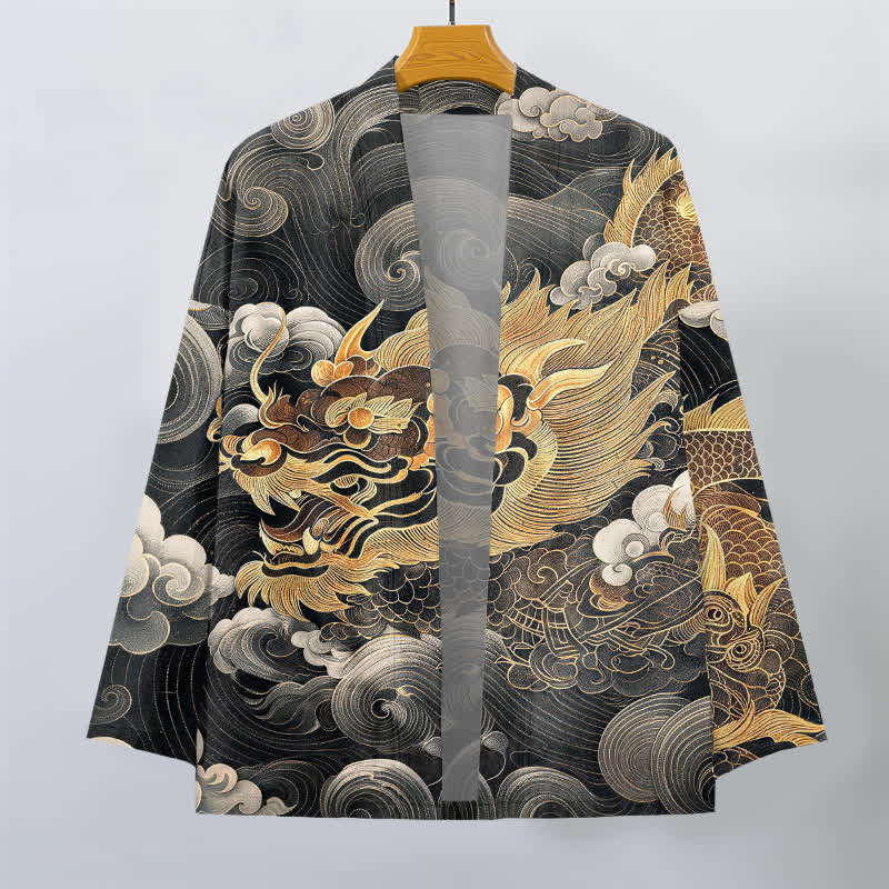 Buddha Stones Cotton Auspicious Dragon Cloud Sea Pattern Open Front Men's Kimono - image 1