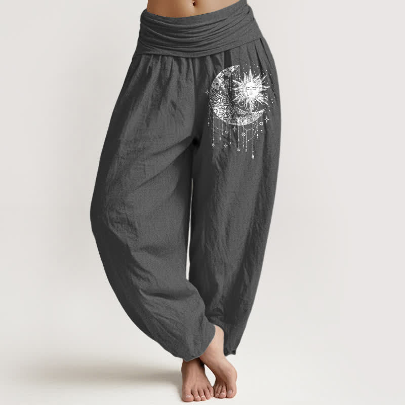 Buddha Stones Pure Cotton Celestial Sun and Moon Pattern Women's Elastic Waist Harem Pants - DimGray - US16，UK/AU20，EU48 (3XL) - image 8
