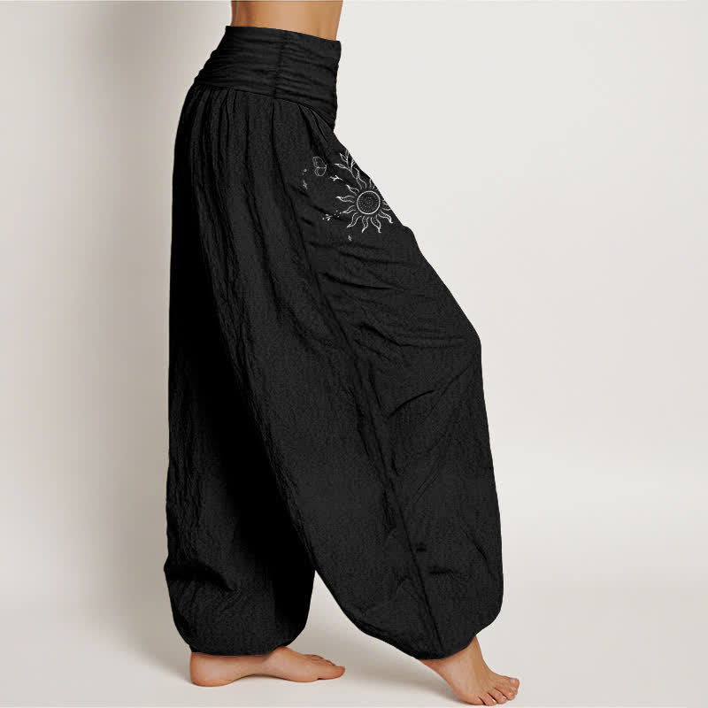 Buddha Stones Pure Cotton Butterfly Sun Lotus Moon Pattern Women's Elastic Waist Harem Pants - image 1