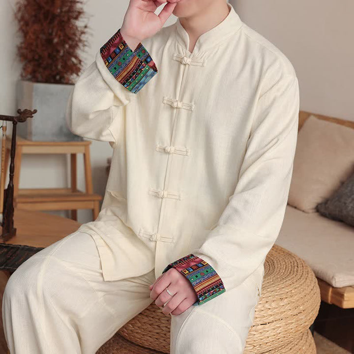 Buddha Stones Fall Tang Style Casual Frog Button Solid Cotton Linen Men's Long Sleeve Shirts With Pocket - image 14