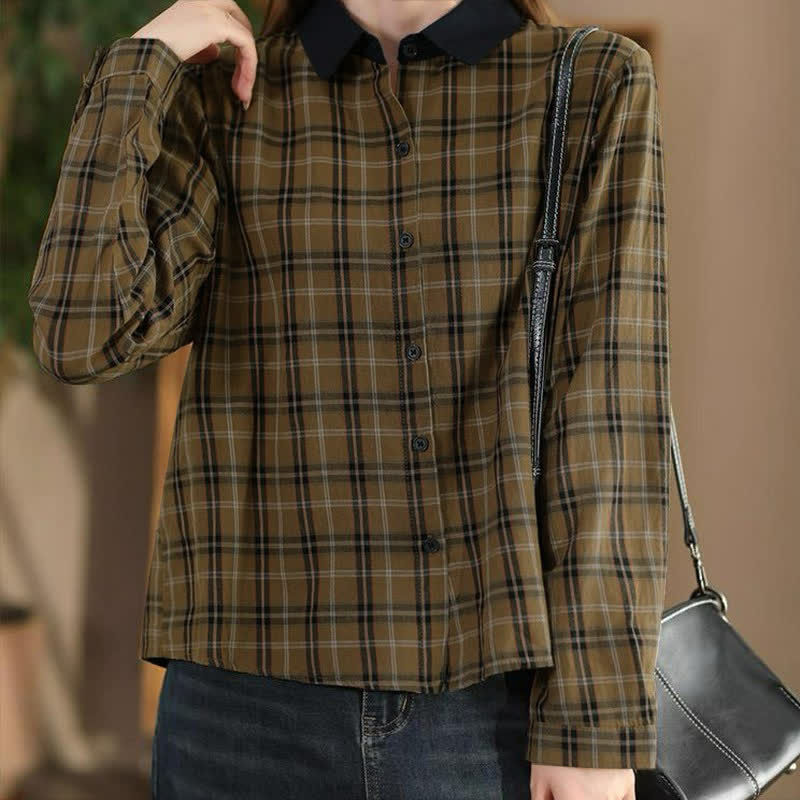 Buddha Stones Fall Casual Vintage Button-Up Contrast Collar Plaid Women's Long Sleeve Shirts - image 2