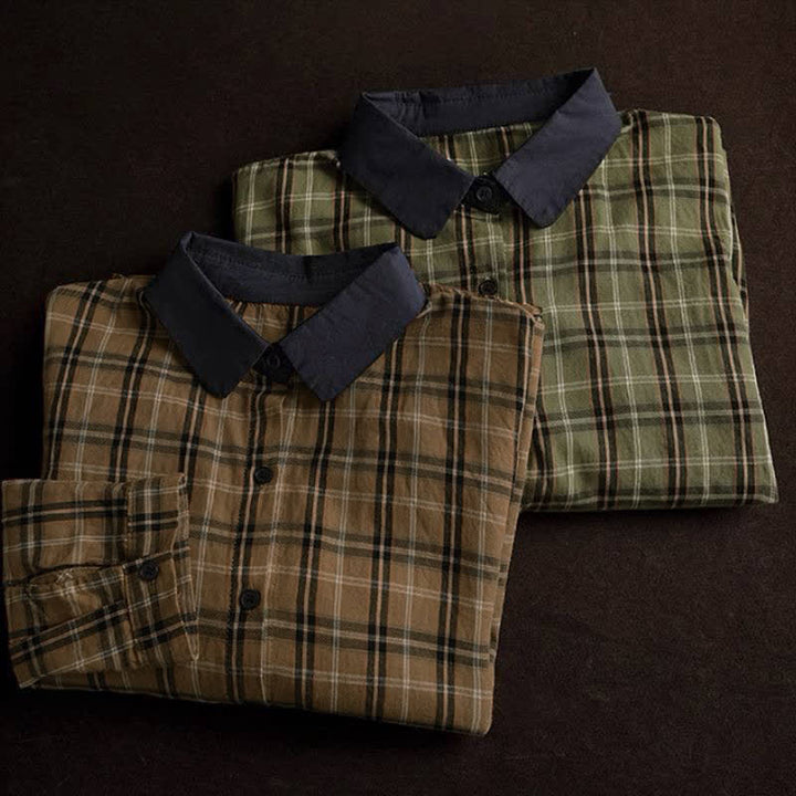 Buddha Stones Fall Casual Vintage Button-Up Contrast Collar Plaid Women's Long Sleeve Shirts - image 17