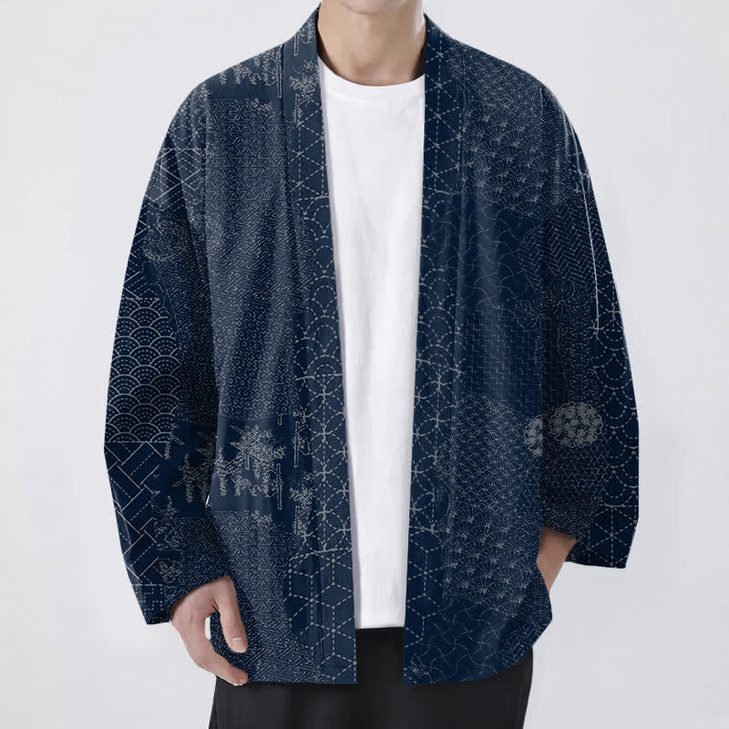 Buddha Stones Cotton Seigaiha Asanoha Pattern Open Front Men's Kimono - Navy - US/UK/AU48，EU58 (4XL) - image 0