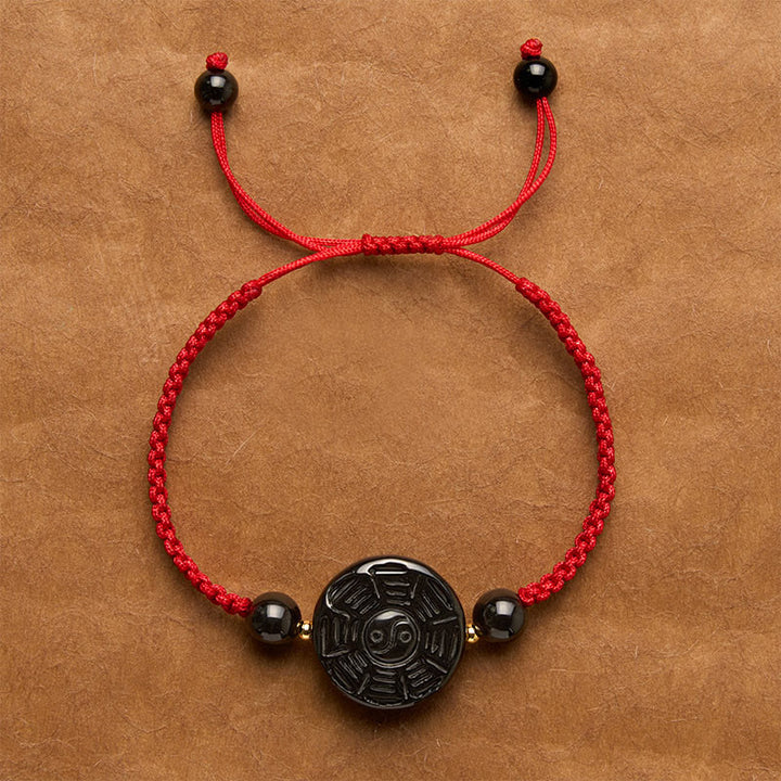Buddha Stones Red String Black Obsidian Round Bagua Blessing Bracelet - Red String (Wrist Circumference: 5.9–6.7 in/15–17 cm) - Approx. 22 × 9mm - image 1