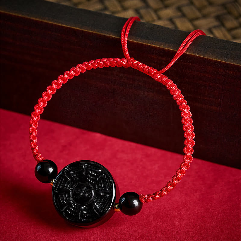 Buddha Stones Red String Black Obsidian Round Bagua Blessing Bracelet - image 2