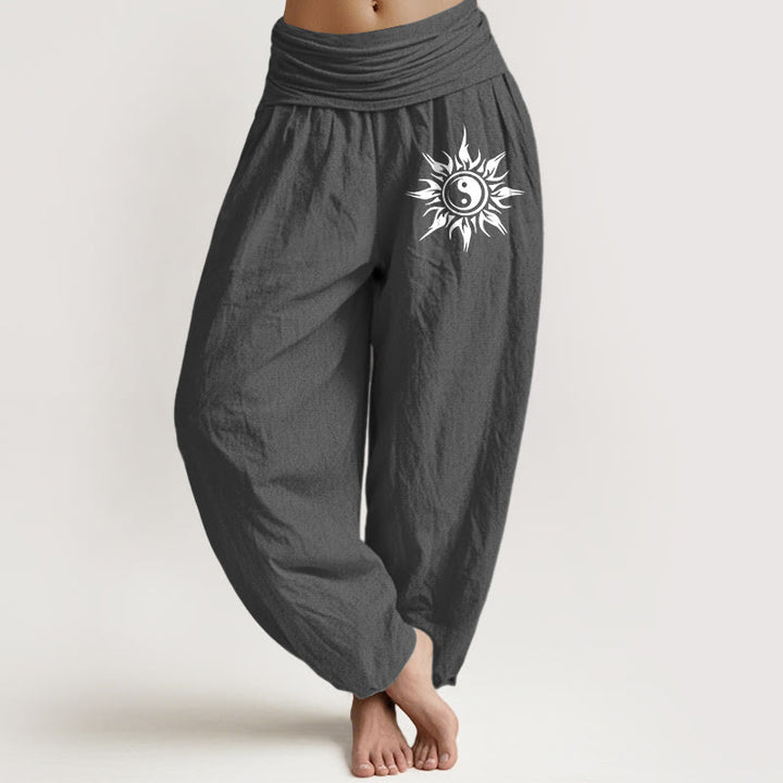 Buddha Stones Pure Cotton Yin Yang Sun Pattern Women's Elastic Waist Harem Pants - DimGray - US16，UK/AU20，EU48 (3XL) - image 8