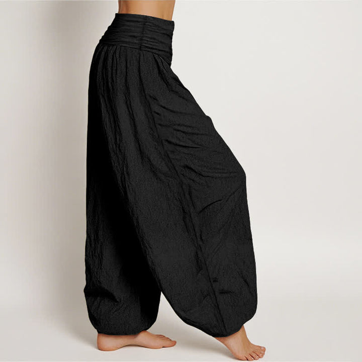 Buddha Stones Pure Cotton Pink Floral Lotus Pattern Women's Elastic Waist Harem Pants - image 1